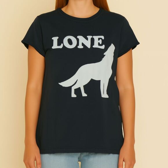 NWOT Recycled Karma “LONE” Howling Wolf Graphic Tee in Black Short Cuff Sleeve S - Picture 1 of 15